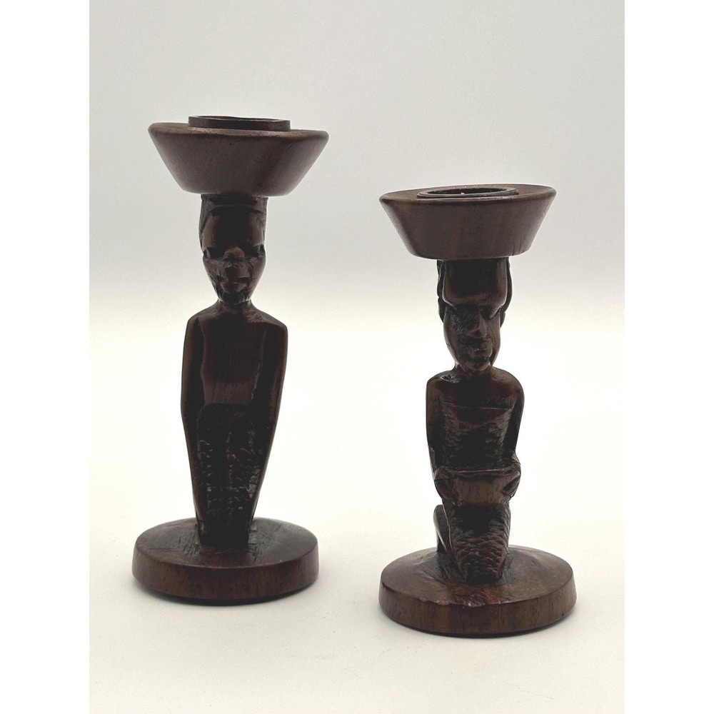Vintage Carved Wooden Candlestick Holders Pair Figurative MCM Tribal Style Decor